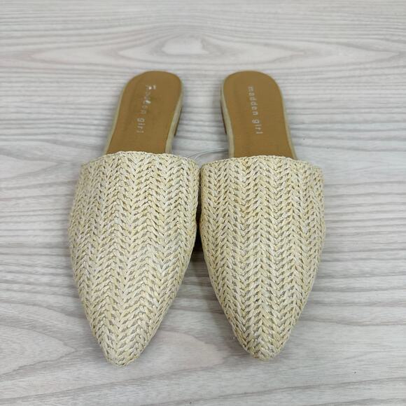 Madden Girl Flat Mules WMNS 7.5 Cream Tan Woven Raffia Pointed Toe Slide Slip On - Picture 4 of 9